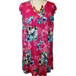 Emerald USA Tunic Swing Dress Bright Barbie Pink Size 2x Floral Pullover Event